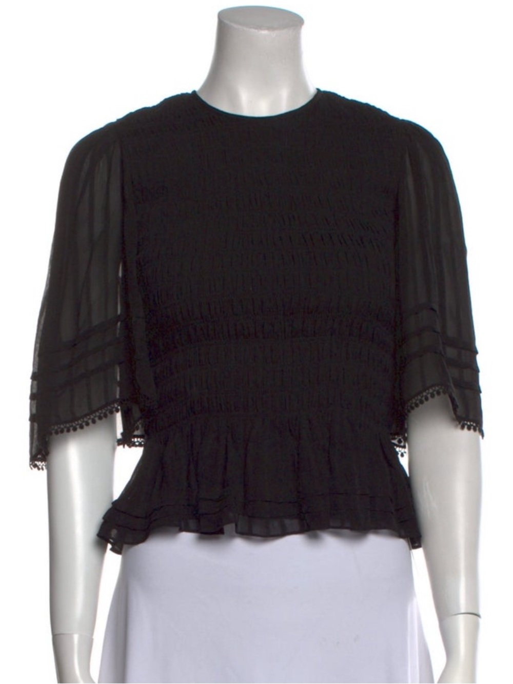 Isabel Marant Black Smocked Peplum Blouse with Sheer Sleeves